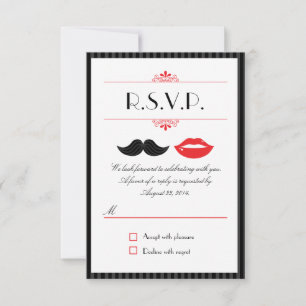 Rött, svart & vitt mustasch & läppar bröllop RSVP OSA Kort
