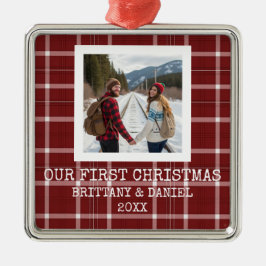 Rött Tartan Vår Första Jul Julgransprydnad Metall