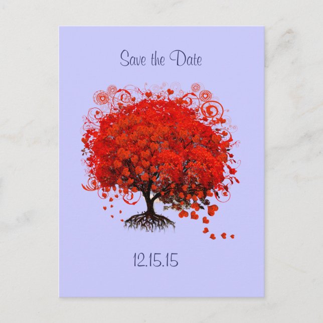 Rött träd på blåklintbröllop Save the Date Meddelande Vykort (Framsida)
