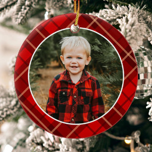 Rött, traditionellt julfoto julgransprydnad keramik