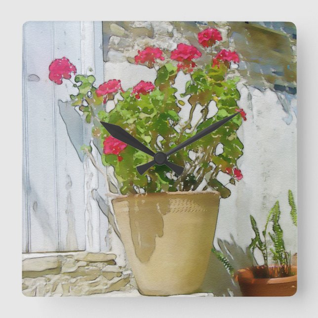 Rött vattenfärgat geranium fyrkantig klocka (Framsida)