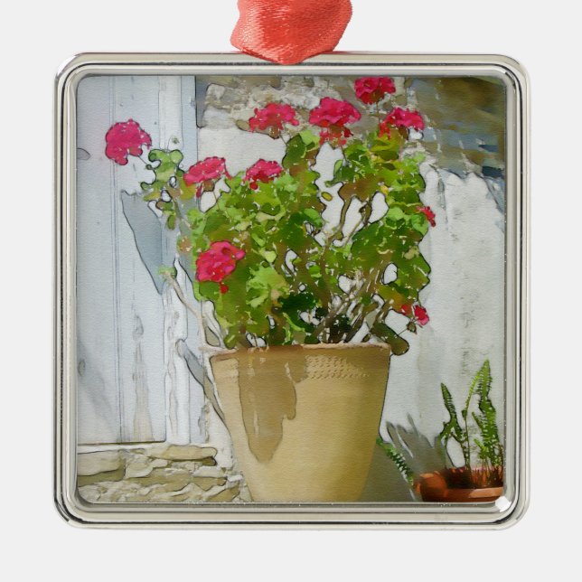 Rött vattenfärgat geranium julgransprydnad metall (Framsidan)