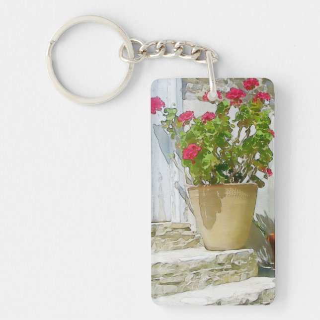 Rött vattenfärgat geranium nyckelring (Framsidan)