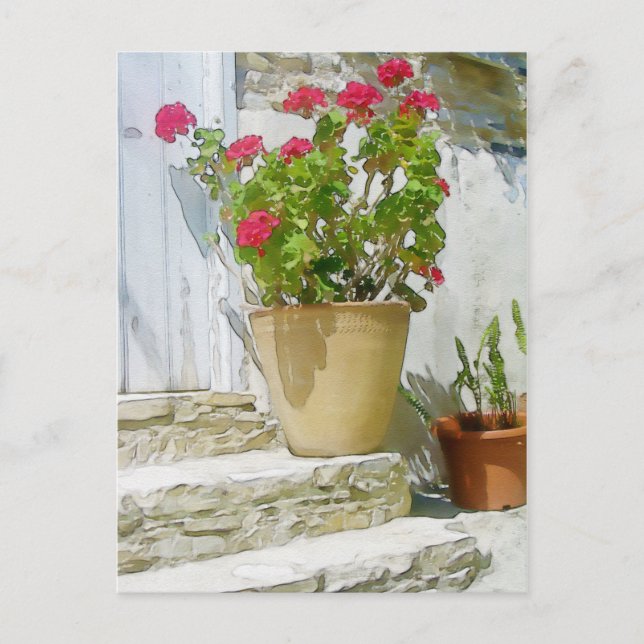 Rött vattenfärgat geranium vykort (Framsida)