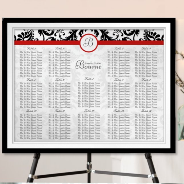 Rött Vintage Svart Damask Bröllopsställningsdiagra Poster (To see frame and mat pricing,  please choose your options.)