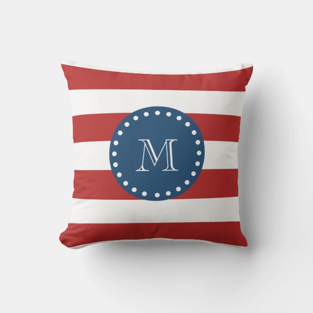 Rött vitrandmönster, marinblå Monogram Kudde (Framsida)