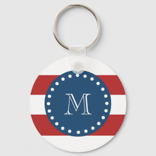 Rött vitrandmönster, marinblå Monogram Nyckelring