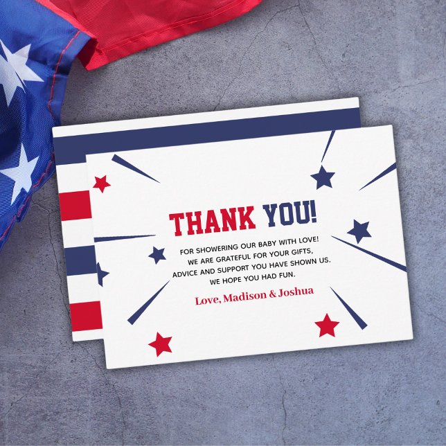 Rött vitt, 3:e juli, babyskabinka tack kort (Red White Due Themed 4th Of July Baby Shower Thank You Card
)