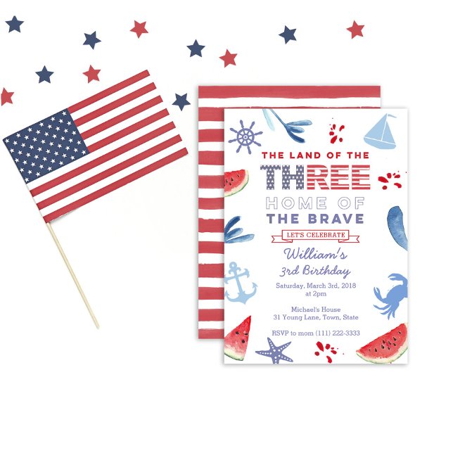 Rött vitt blått 3:e födelsedag vid Party Inbjudningar (Skapare uppladdad)
