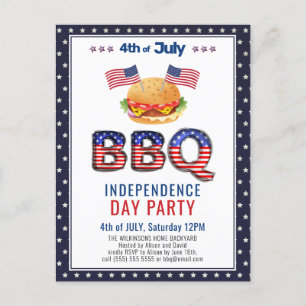 Rött vitt blått 4:e JULY BBQ-partsinbjudan Vykort