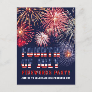 Rött vitt blått 4 juli Fireworks Party Inbjudan Vykort