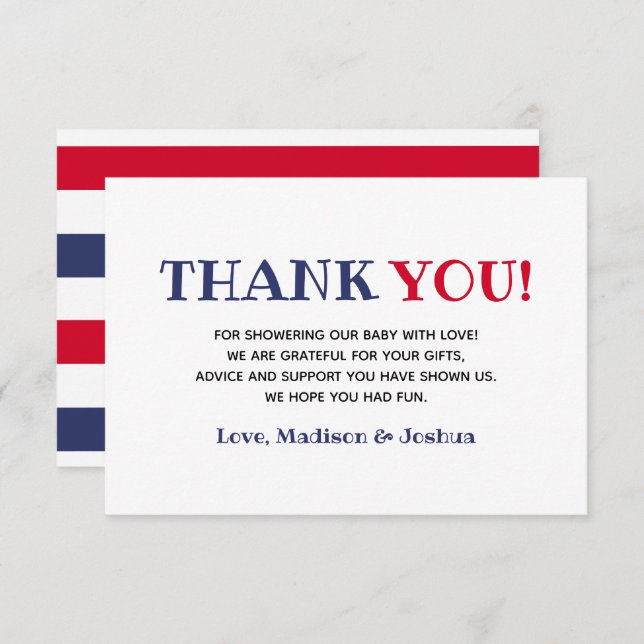 Rött vitt blått babyvisningsprogram 4:e juli-temat tack kort (Fram/baksida)