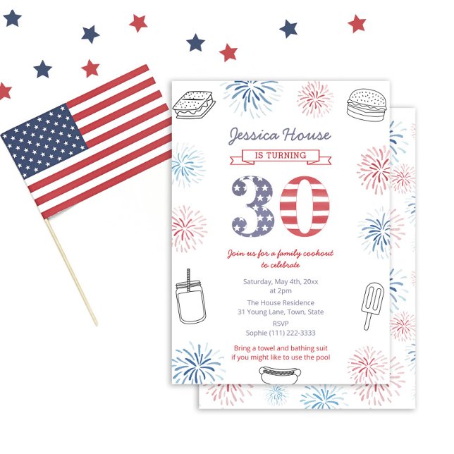 Rött vitt blått backyard-familjen 30års födelsedag inbjudningar (Red White And Blue Fireworks Invitation Design For A Patriotic 30th Birthday Party)
