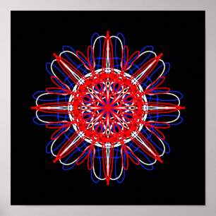 Rött vitt blått Black Abstrakt Art Kaleidoscope Poster