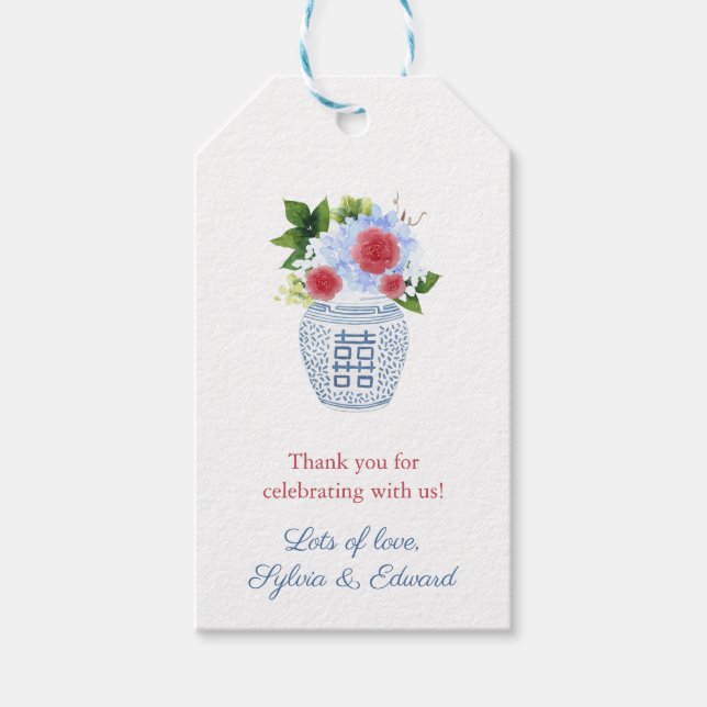 Rött vitt blått blommor Ginger Burk Baby Shower Presentetikett (Framsidan)