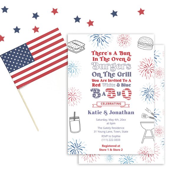 Rött vitt blått bun i Oven BabyQ Baby Shower Inbjudningar (Fun Red White And Blue Bun In The Oven theme baby-q baby shower invite. Groovy 1970s inspired font)