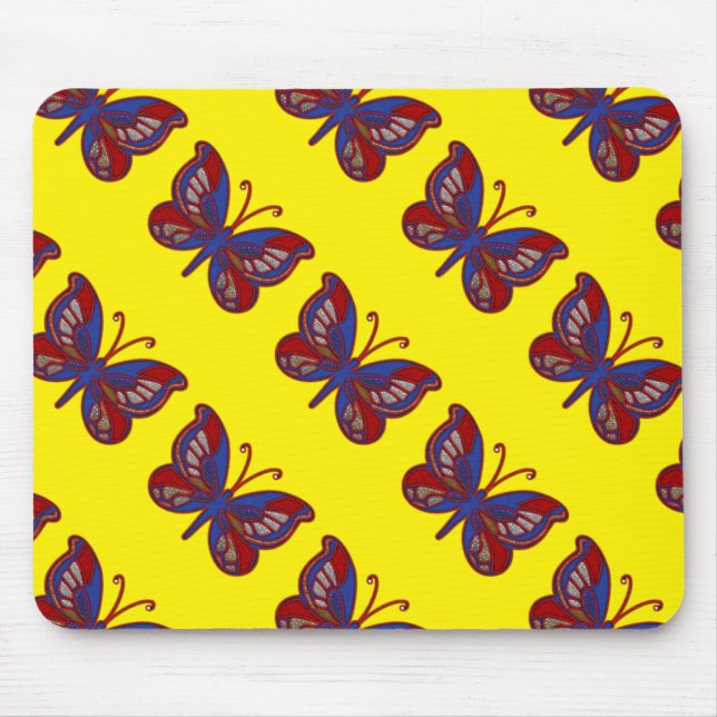 Rött vitt blått Butterfly-Gult Mousepad Musmatta (Framsidan)