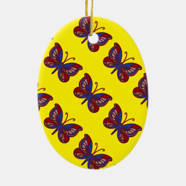 Rött vitt blått Butterfly-Gult Oval Ornament (Baksidan)