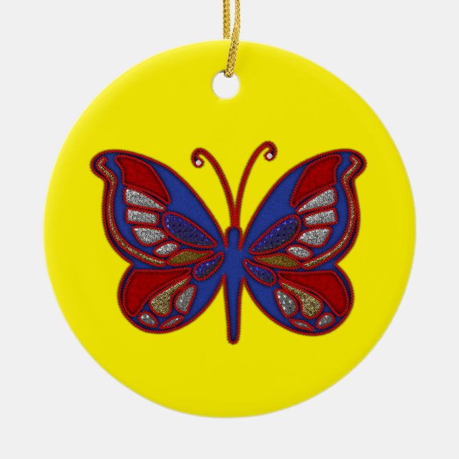Rött vitt blått Butterfly-Gult Round Ornament (Framsidan)