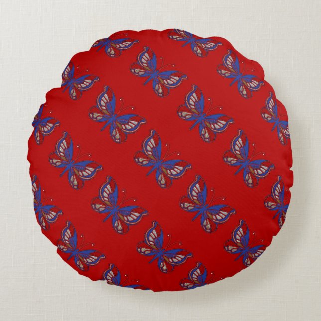 Rött vitt blått Butterfly Red Round Pillow Rund Kudde (Framsidan)