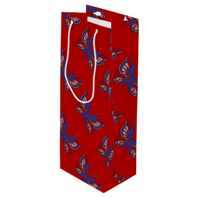 Rött vitt blått Butterfly-Red Vin Gift Bag (Framsidan Vinklad)