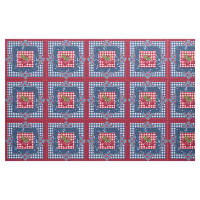 Rött vitt blått Cherries Gingham Patchwork Quilt Tyg (Yard)