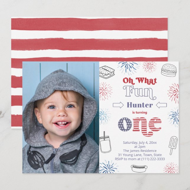 Rött vitt blått Cookout 1:a födelsedag Party Bild Inbjudningar (Fram/baksida)