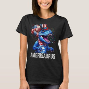 Rött vitt blått Dinosaur Amerisaurus Fireworks 4th T Shirt