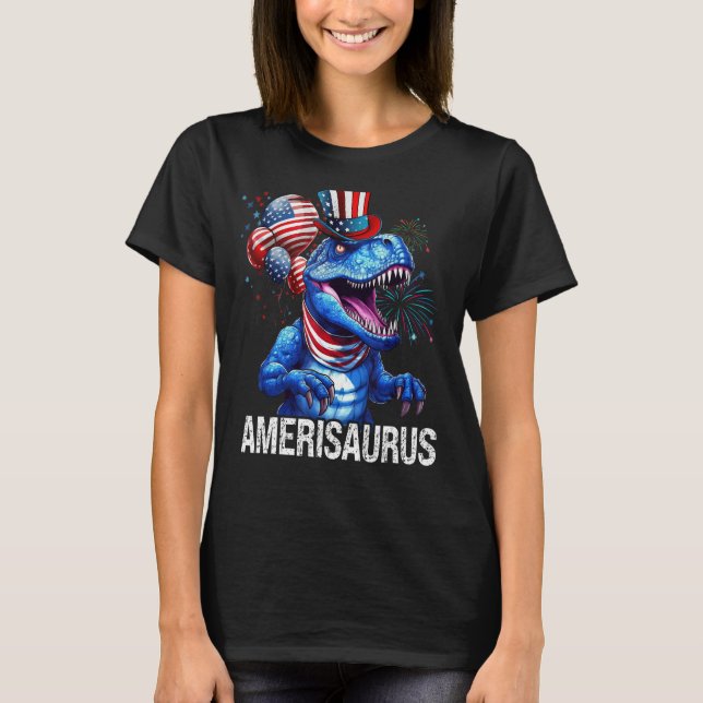 Rött vitt blått Dinosaur Amerisaurus Fireworks 4th T Shirt (Framsida)