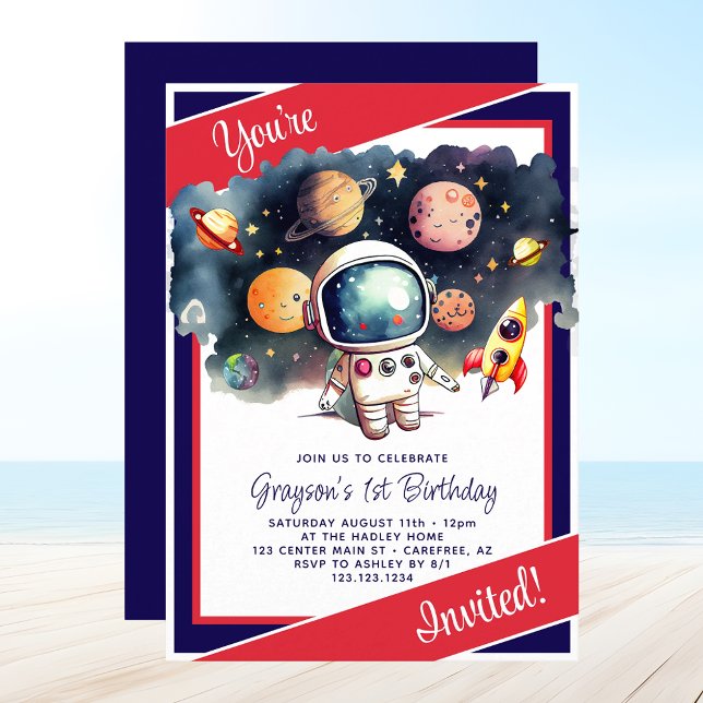 Rött vitt blått födelsedag utanför rymden inbjudningar (Skapare uppladdad)