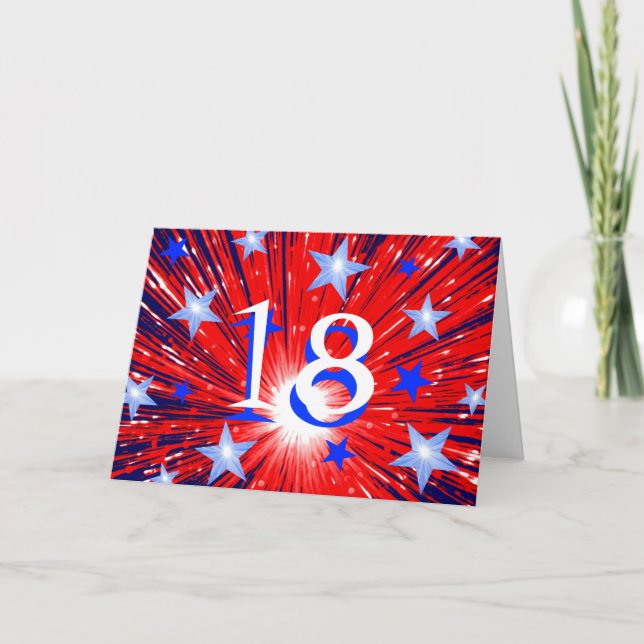 Rött vitt blått födelsedagskort för Fireworks 'Age Kort (Framsida)