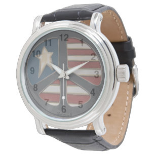 Rött vitt blått fred - Manar Black Leather Watch Armbandsur