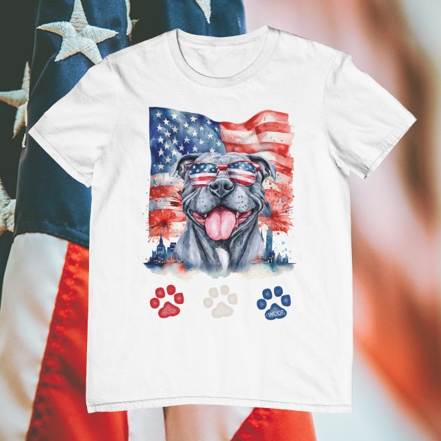 Rött vitt blått Funny Grått Pitbull Hund 4 juli T Shirt (Skapare uppladdad)