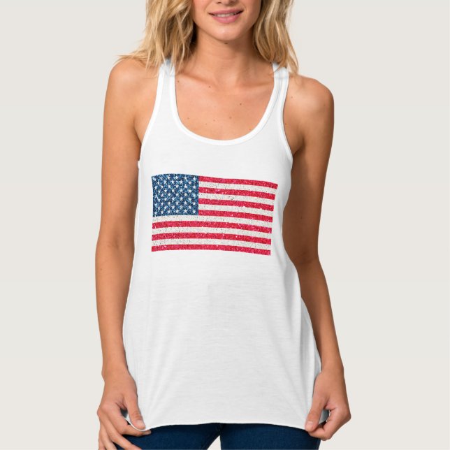Rött vitt blått Glitter Patriotic American USA fla Linne Med Racerback (Framsida)