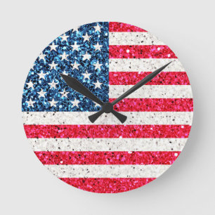 Rött vitt blått Glitter Patriotic American USA fla Rund Klocka