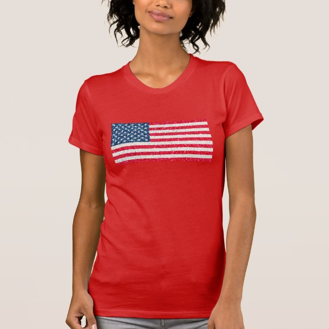 Rött vitt blått Glitter Patriotic American USA fla T Shirt (Framsida)