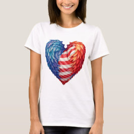 RÖTT VITT BLÅTT HJÄRTFORMADE FLAGGA MED FJÄDRAR T SHIRT