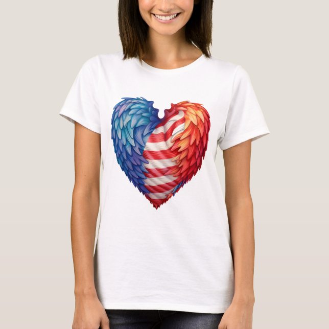 RÖTT VITT BLÅTT HJÄRTFORMADE FLAGGA MED FJÄDRAR T SHIRT (Framsida)
