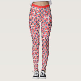 Rött vitt blått kapslade fyrkanter Mönster Fitness Leggings