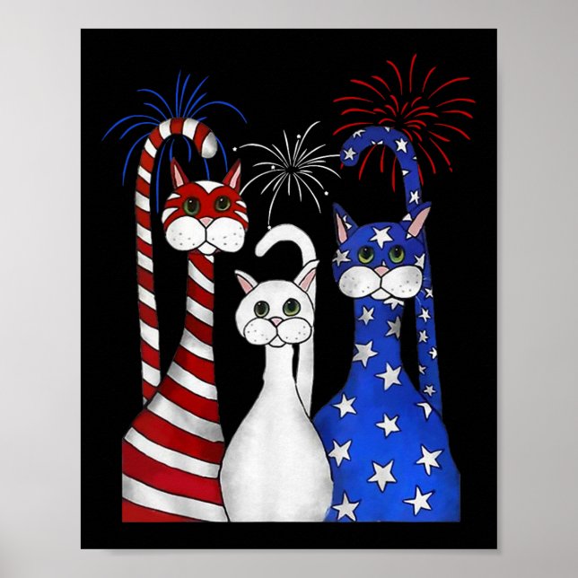Rött vitt blått katter USA flagga Fireworks 4:e ju Poster (Framsidan)