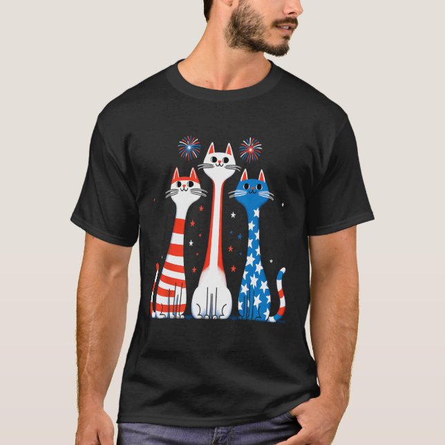 Rött vitt blått katter USA flagga Fireworks 4:e ju T Shirt (Framsida)