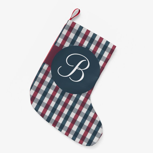 Rött vitt blått plaid monogram julklapp liten julstrumpa (Framsidan (Hängande))