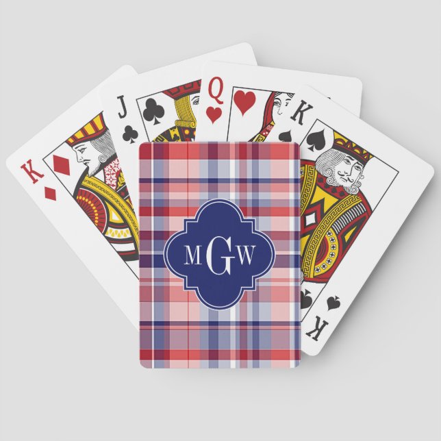 Rött vitt blått Preppy Madras Monogram Casinokort (Baksidan)
