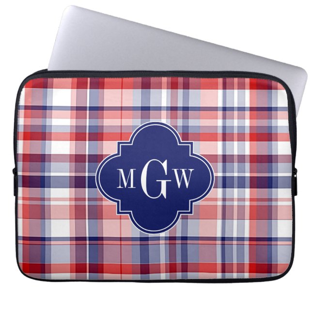 Rött vitt blått Preppy Madras Monogram Laptop Fodral (Framsidan)