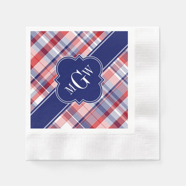 Rött vitt blått Preppy Madras Monogram Pappersservett (Framsidan)