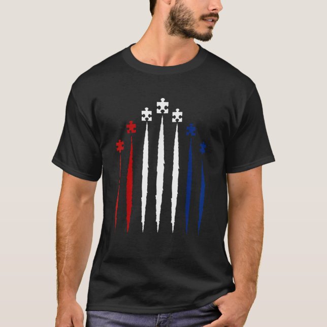 Rött vitt blått puzzle Autism Awareness 4:e juli T Shirt (Framsida)