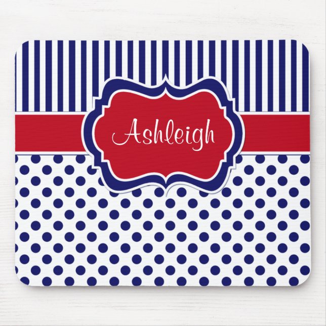 Rött vitt blått randig polka dots Mousepad Musmatta (Framsidan)