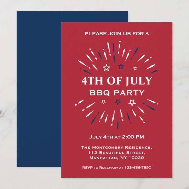Rött vitt blått Roligten Fireworks 4:e juli BBQ Pa Inbjudningar (Fram/baksida)