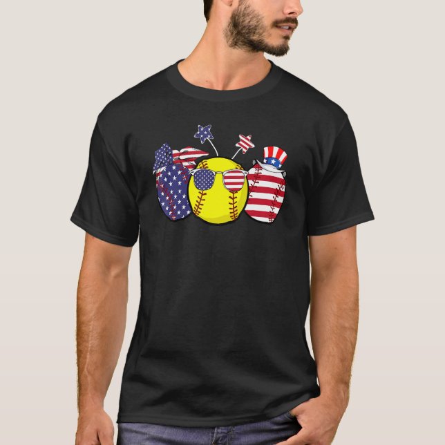 Rött vitt blått softball Patriotic 4 juli T Shirt (Framsida)