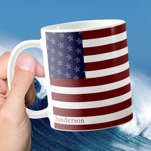 Rött vitt blått Starfish Cof Nautical American Fla Kaffemugg (Skapare uppladdad)